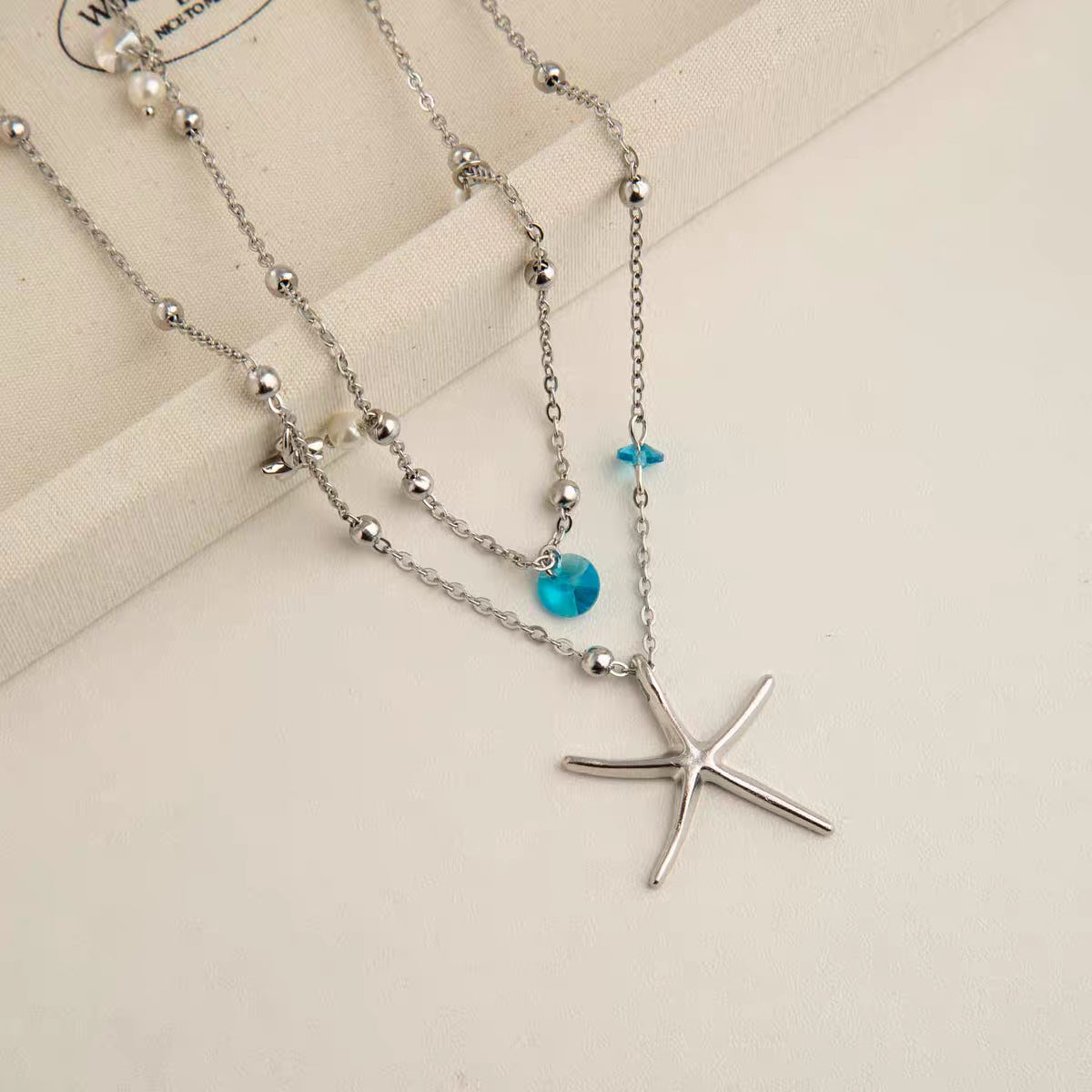 Starfish Marine Style Necklace For Women With Blue Alloy Pendant And Zircon Inlay