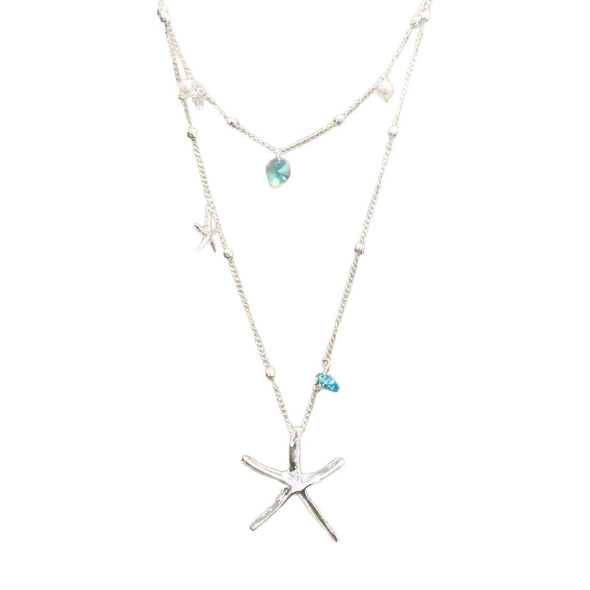 Starfish Marine Style Necklace For Women With Blue Alloy Pendant And Zircon Inlay