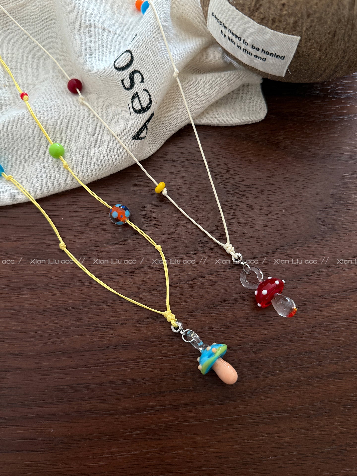 Multicolor Mushroom Beaded Chain Long Necklace For Women Featuring Mixed Materials Craft Beading