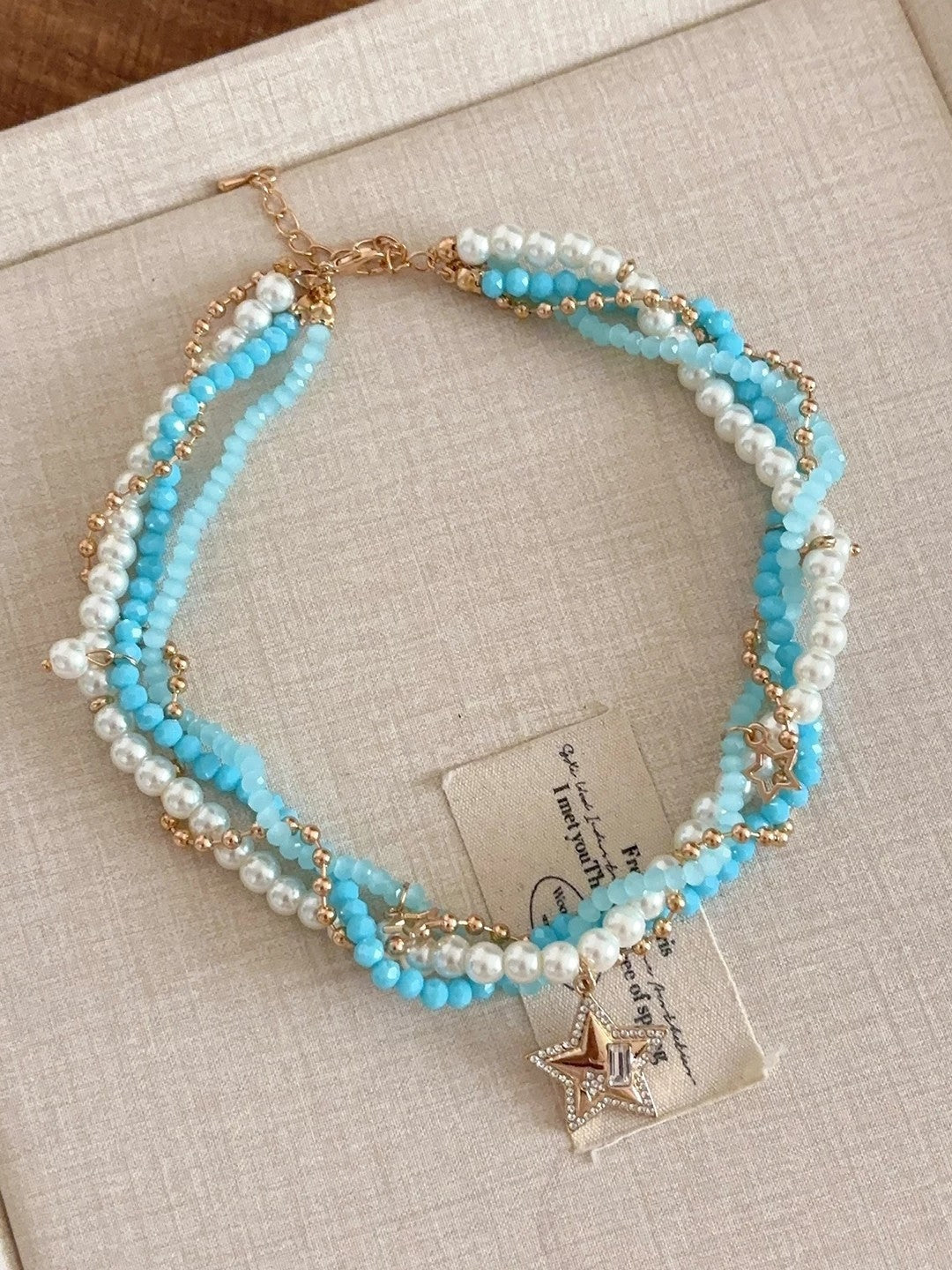 Marine Style Blue Star Pendant Necklace For Women With Beading Craft And Bead Inlay Material