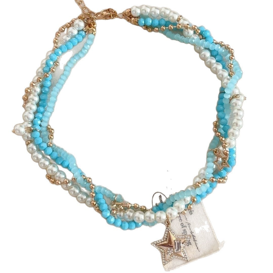Marine Style Blue Star Pendant Necklace For Women With Beading Craft And Bead Inlay Material