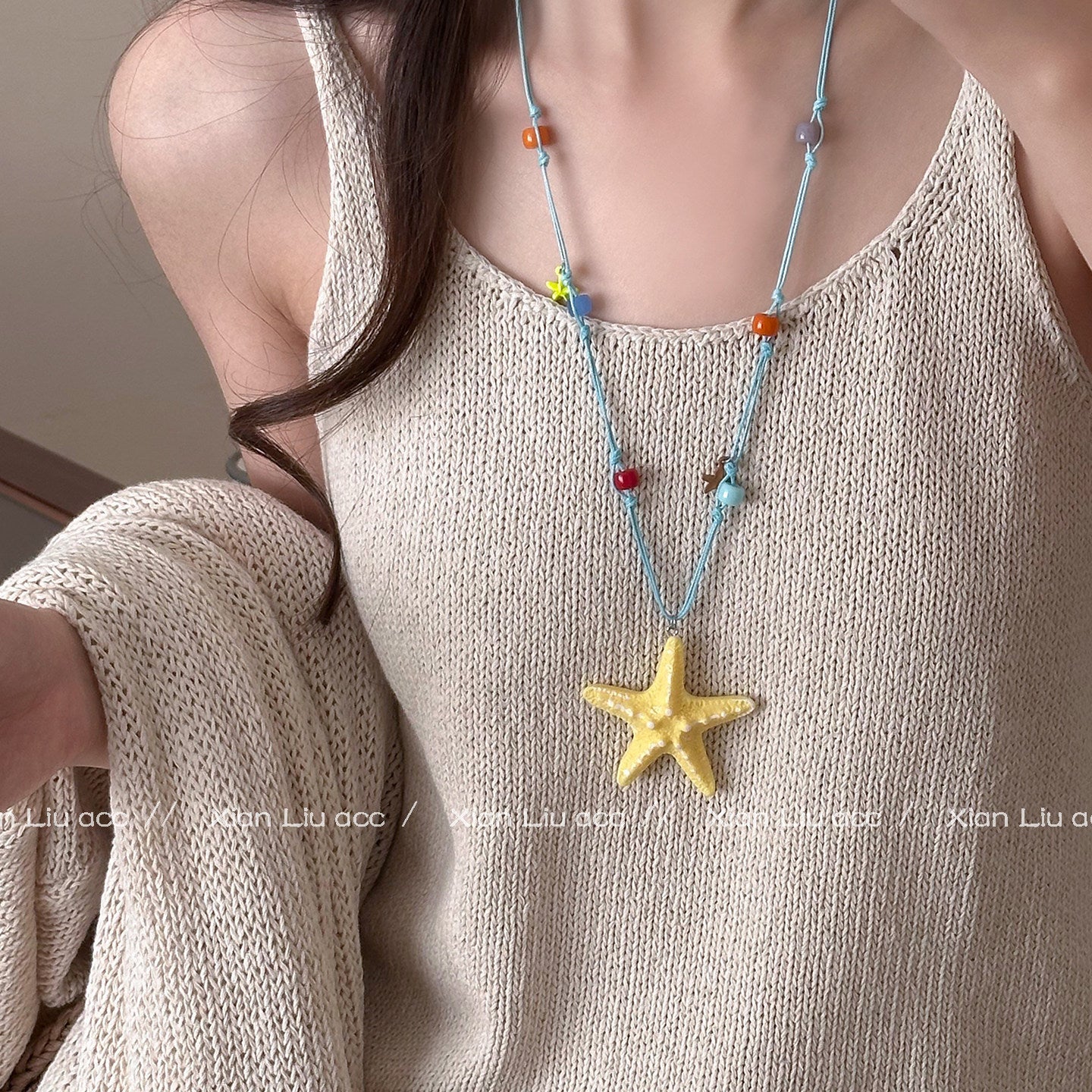 Ocean Marine Style Yellow Braid Alloy Necklace With Resin Pendant For Women