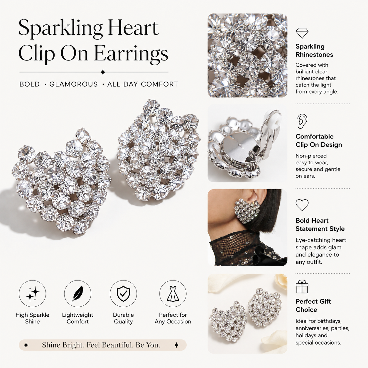 Luxurious Geometric Clip Earrings For Women In Silver Plated Alloy With Rhinestone Pave Inlay