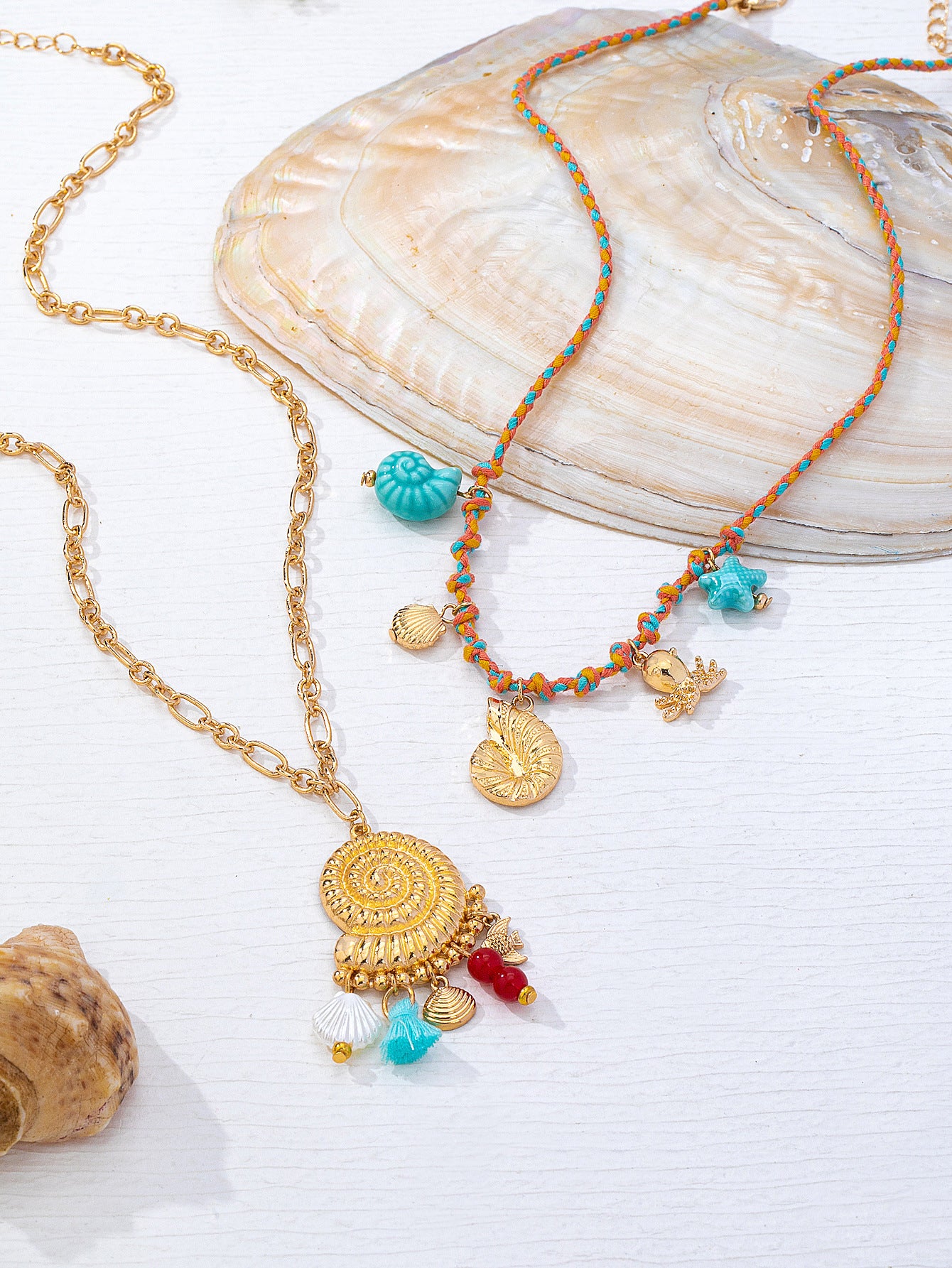 Conch Tassel Double Layer Necklace In Multicolor Featuring Zinc Alloy Pendant For Women, Marine Style Jewelry