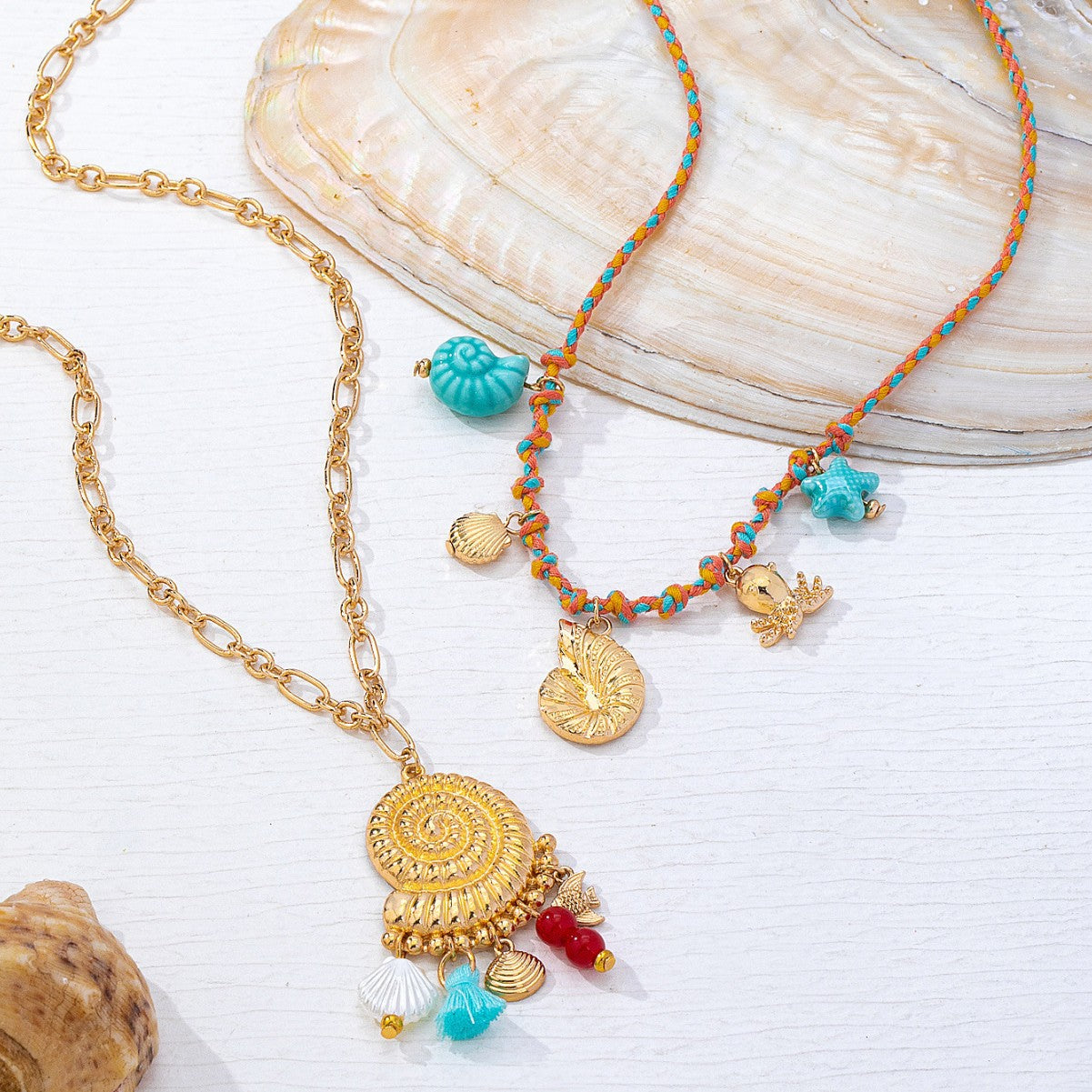 Conch Tassel Double Layer Necklace In Multicolor Featuring Zinc Alloy Pendant For Women, Marine Style Jewelry