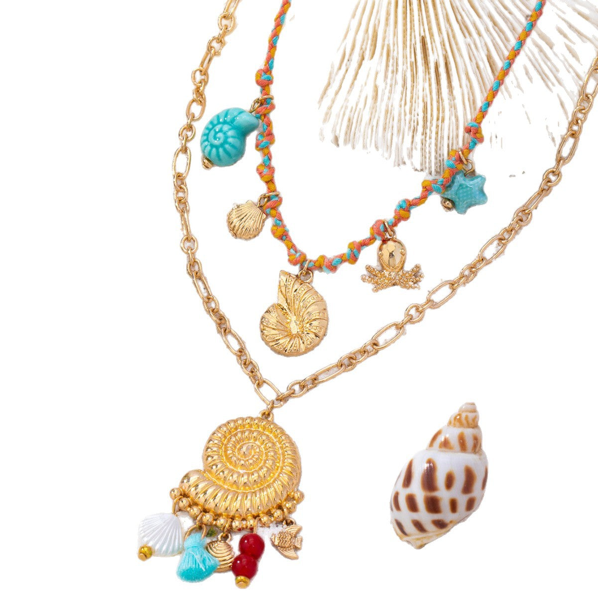 Conch Tassel Double Layer Necklace In Multicolor Featuring Zinc Alloy Pendant For Women, Marine Style Jewelry