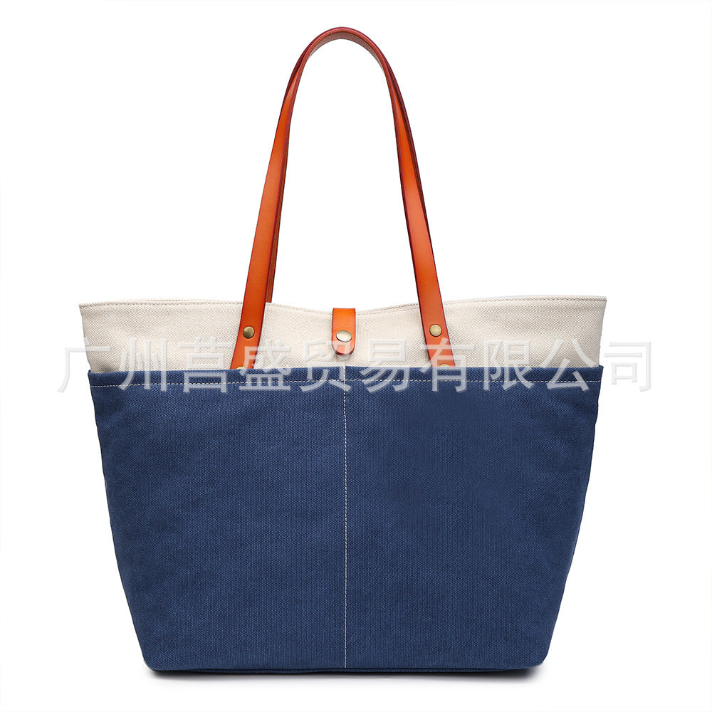 Color Block Square Canvas Tote Bag For Women With Single Shoulder Strap And Large Capacity