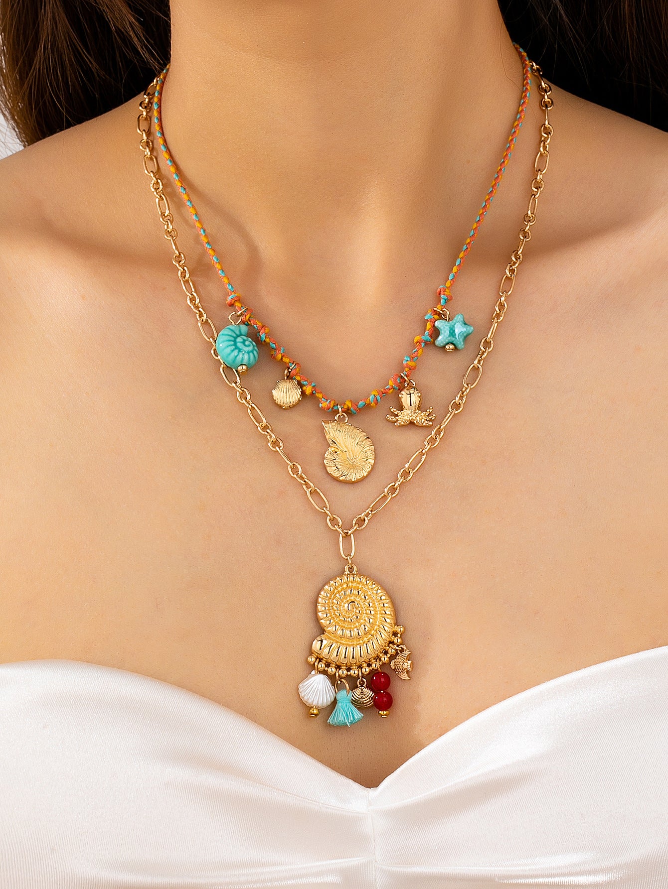 Conch Tassel Double Layer Necklace In Multicolor Featuring Zinc Alloy Pendant For Women, Marine Style Jewelry