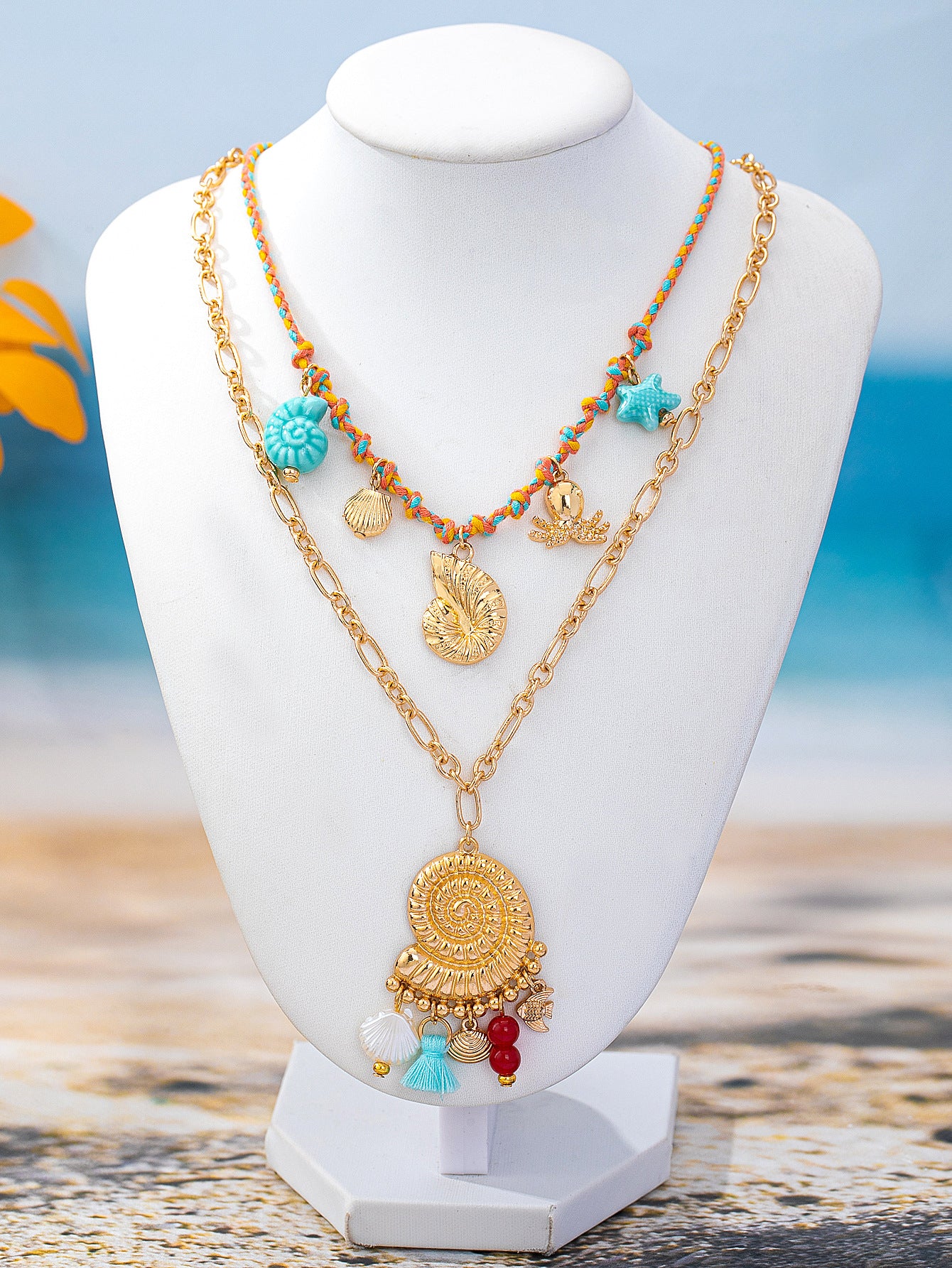 Conch Tassel Double Layer Necklace In Multicolor Featuring Zinc Alloy Pendant For Women, Marine Style Jewelry