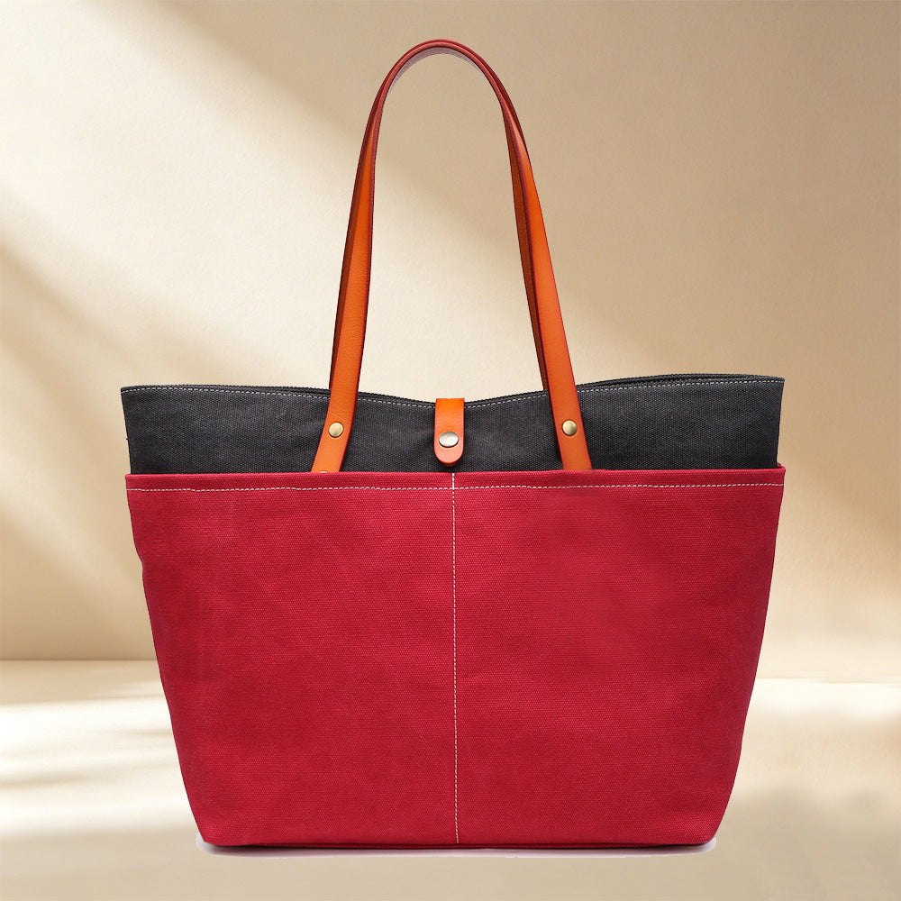 Color Block Square Canvas Tote Bag For Women With Single Shoulder Strap And Large Capacity