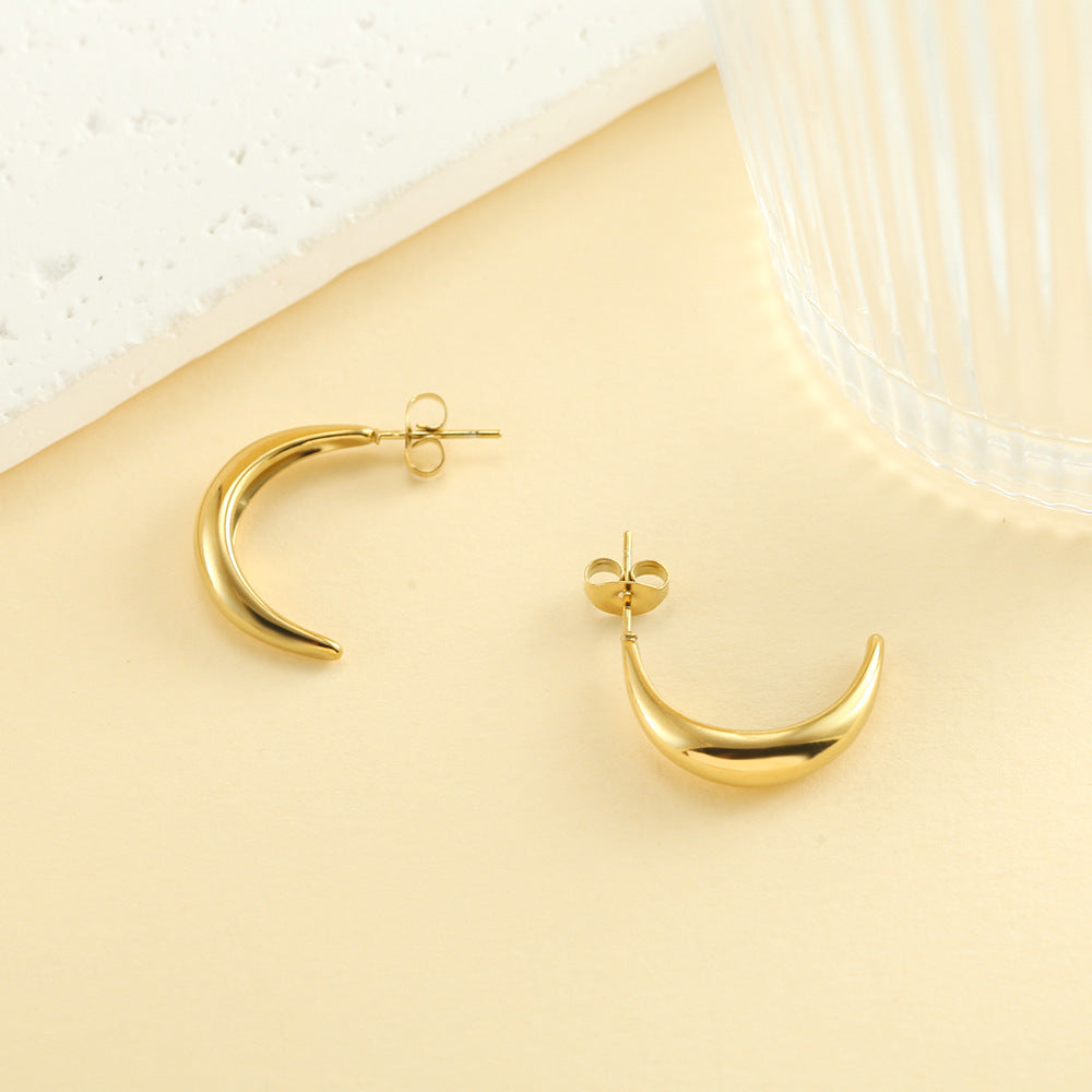 C Shape Earrings For Women In Steel Color, Made With 18K Real Gold Plated And 304 Stainless Steel Ear Pins