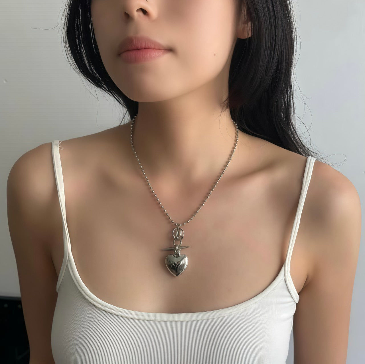 Heart Shape Sweater Chain Necklace For Women In  Style With Alloy Pendant And Electroplated 304 Stainless Steel Ball Chain