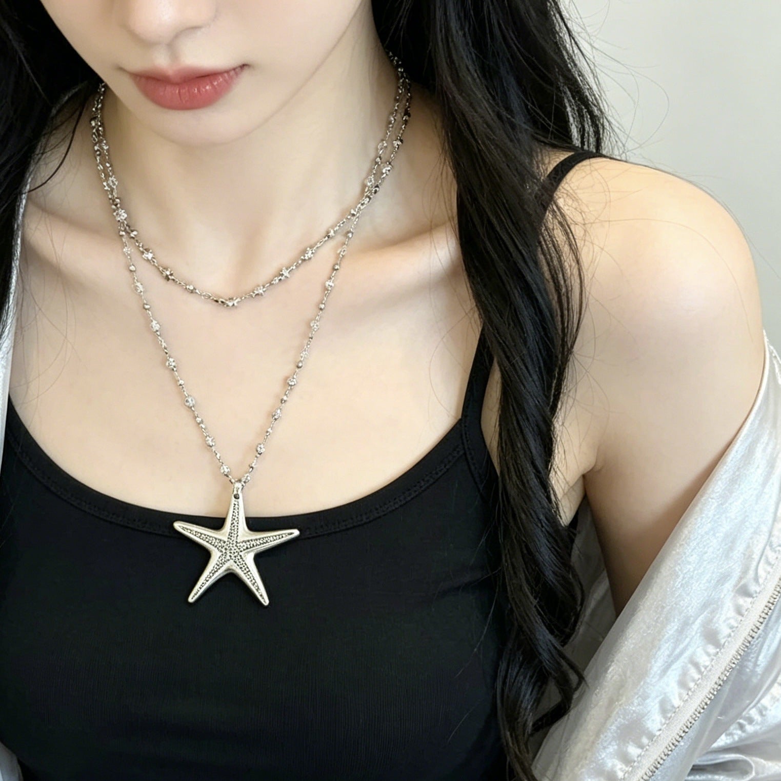 Ocean Pattern Double Layer Necklace For Adults With Silver Beading In Simple Style Featuring Ferroalloy And Beads