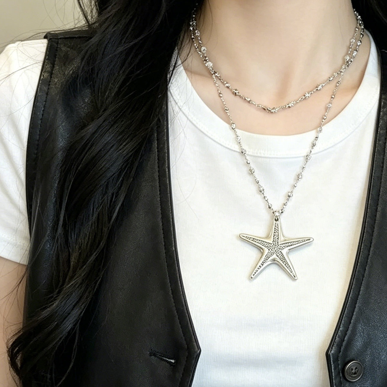 Ocean Pattern Double Layer Necklace For Adults With Silver Beading In Simple Style Featuring Ferroalloy And Beads