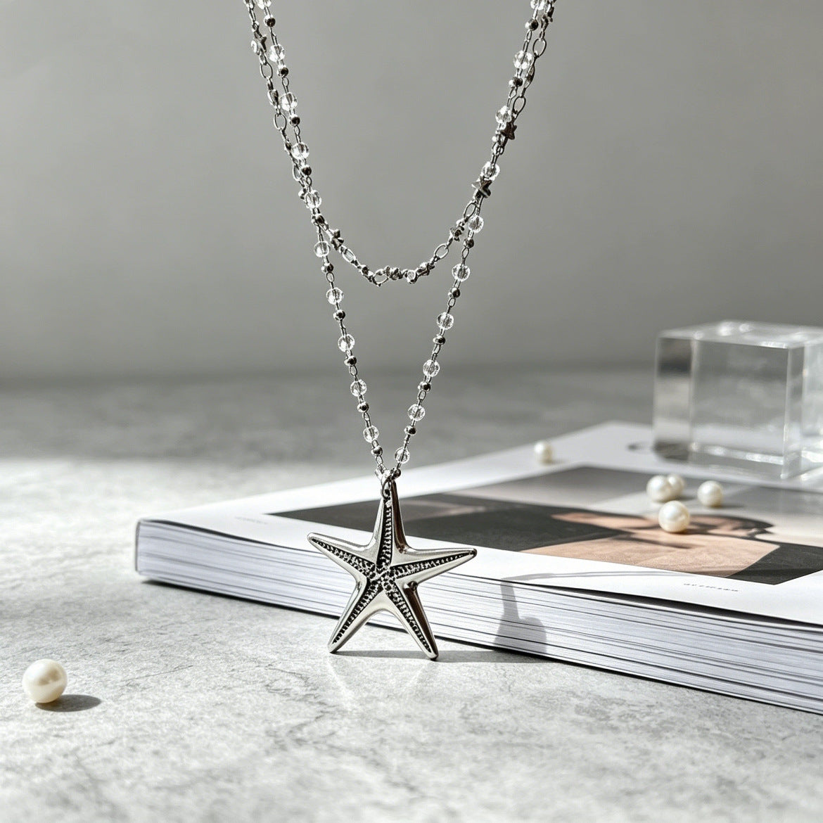Ocean Pattern Double Layer Necklace For Adults With Silver Beading In Simple Style Featuring Ferroalloy And Beads