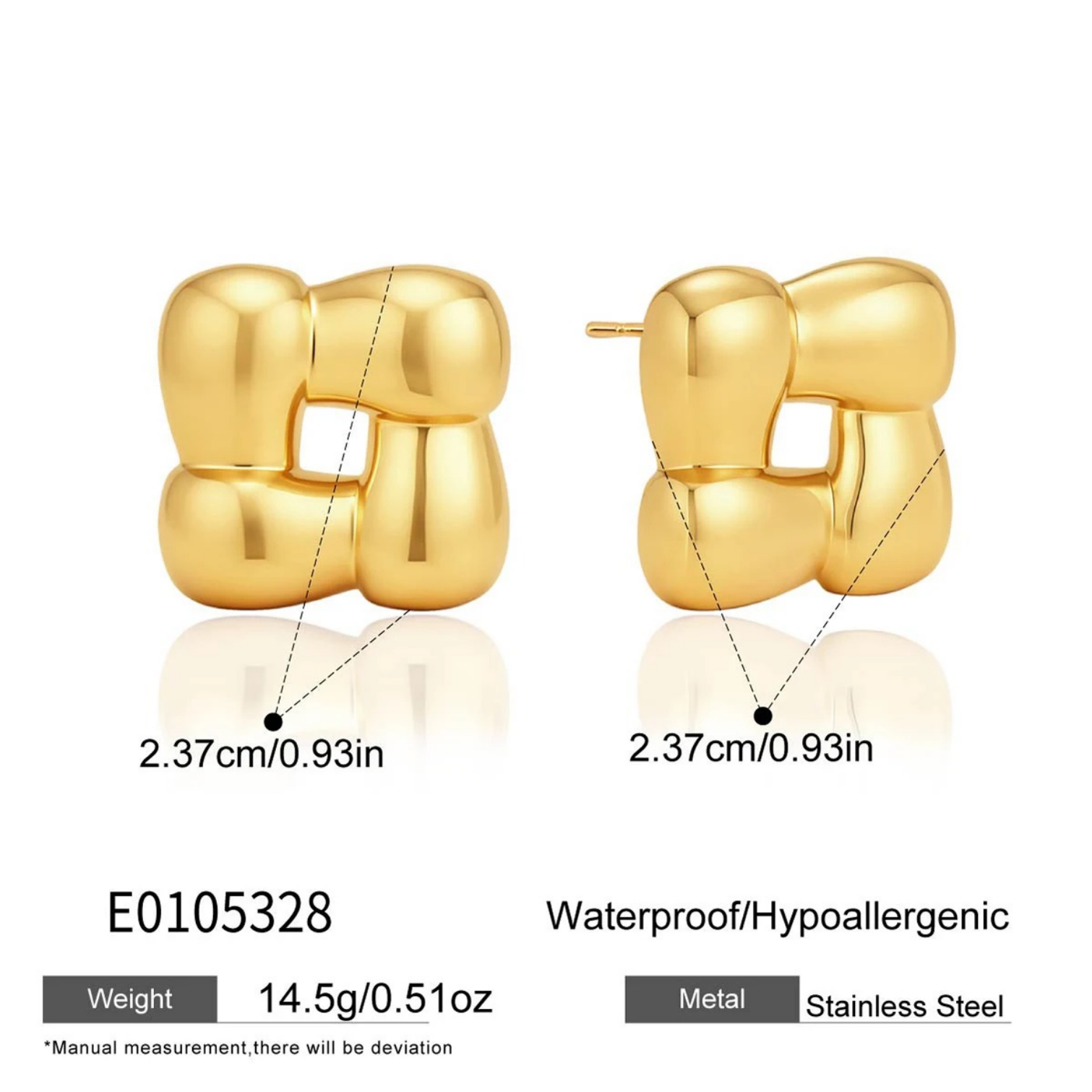 Geometric Hypoallergenic Stud Earrings For Women, 304 Stainless Steel With 18K Real Gold PVD Coated Plating, 0.03µm-0.05µm Thickness