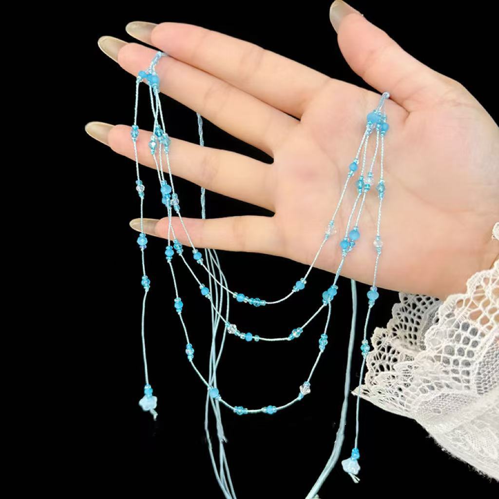 Sweet Geometric Layered Necklace For Women With Blue Beading And Mixed Materials Featuring Bead Inlay