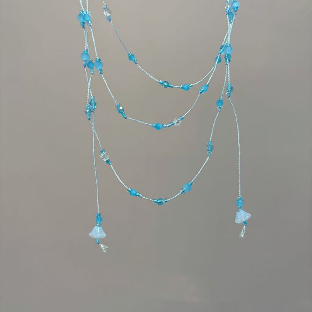 Sweet Geometric Layered Necklace For Women With Blue Beading And Mixed Materials Featuring Bead Inlay