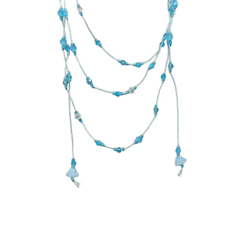 Sweet Geometric Layered Necklace For Women With Blue Beading And Mixed Materials Featuring Bead Inlay