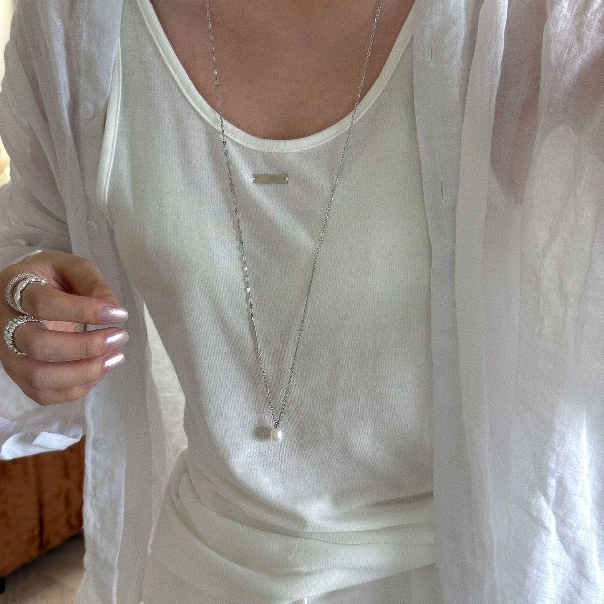 Freshwater Pearl Long Necklace For Women With Copper Chain Featuring Baroque Pearl Inlay, Perfect For Casual Wear