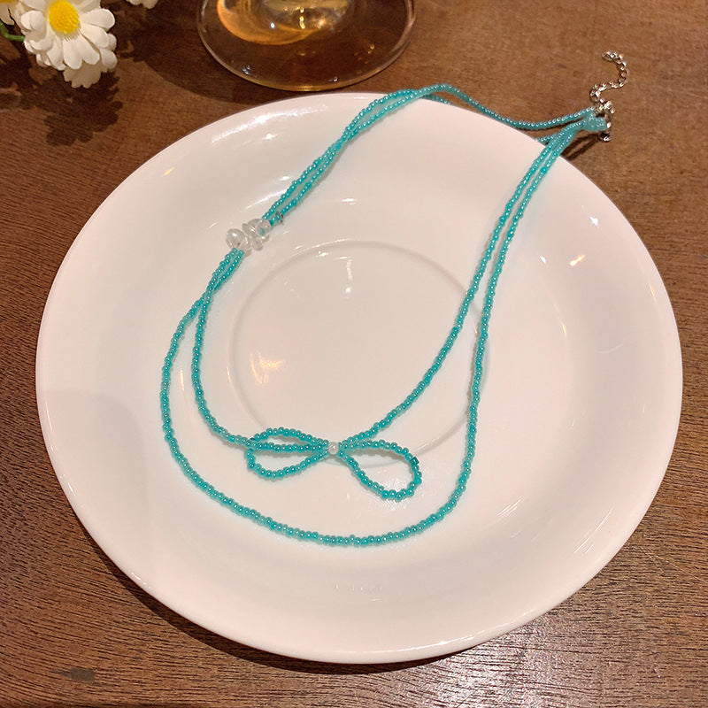 New Style Blue Resin Beaded Bow Tie Necklace For Women With Beaded Chain
