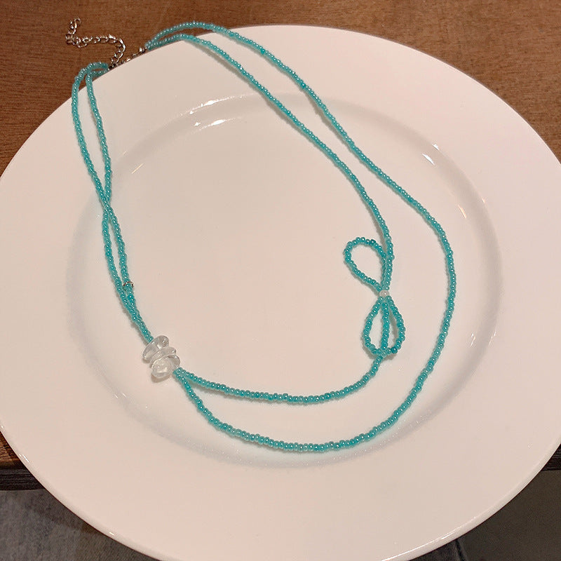 New Style Blue Resin Beaded Bow Tie Necklace For Women With Beaded Chain