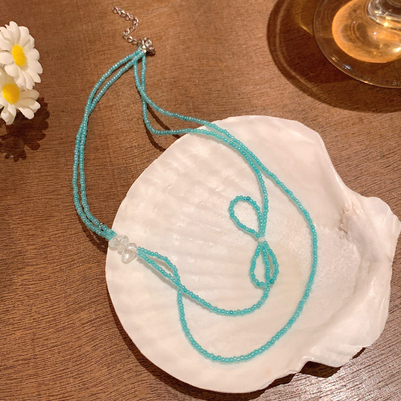 New Style Blue Resin Beaded Bow Tie Necklace For Women With Beaded Chain