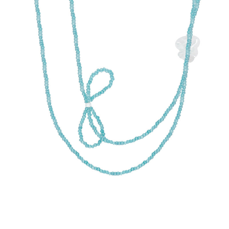 New Style Blue Resin Beaded Bow Tie Necklace For Women With Beaded Chain