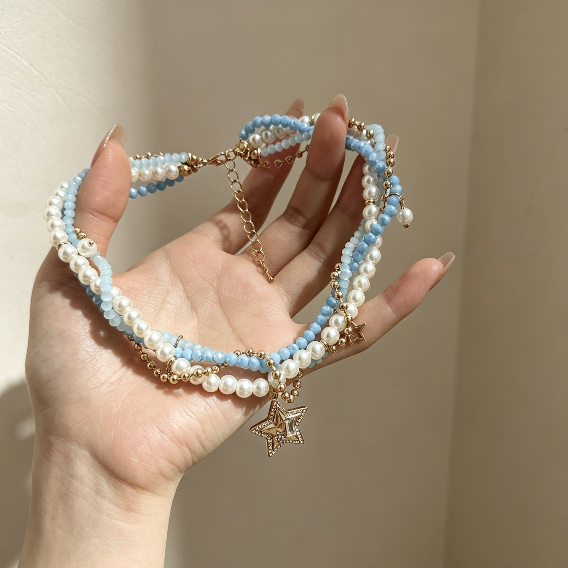 Blue Beaded Stone Necklace For Women In Marine Style With Beaded Chain Craft