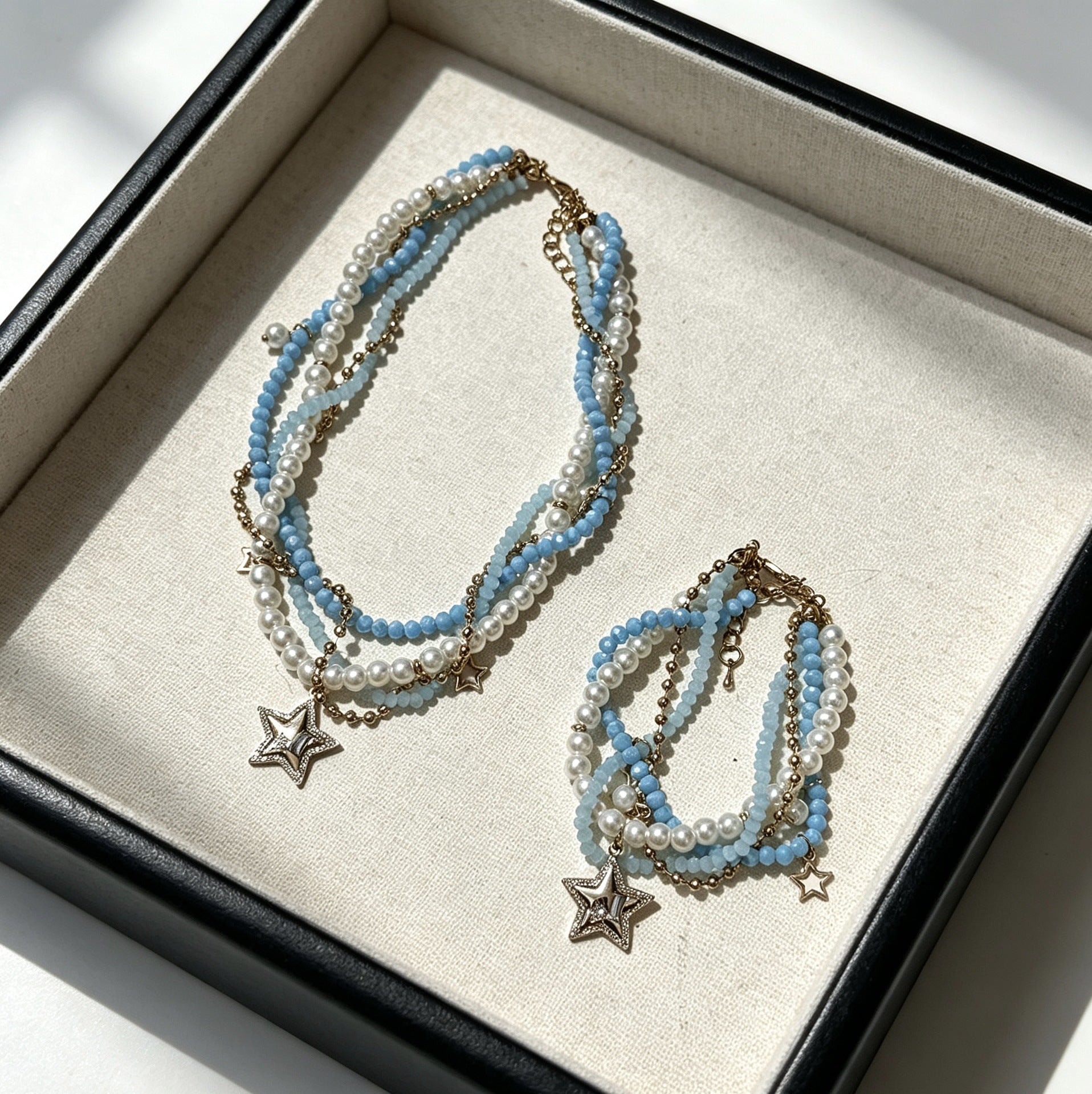 Blue Beaded Stone Necklace For Women In Marine Style With Beaded Chain Craft