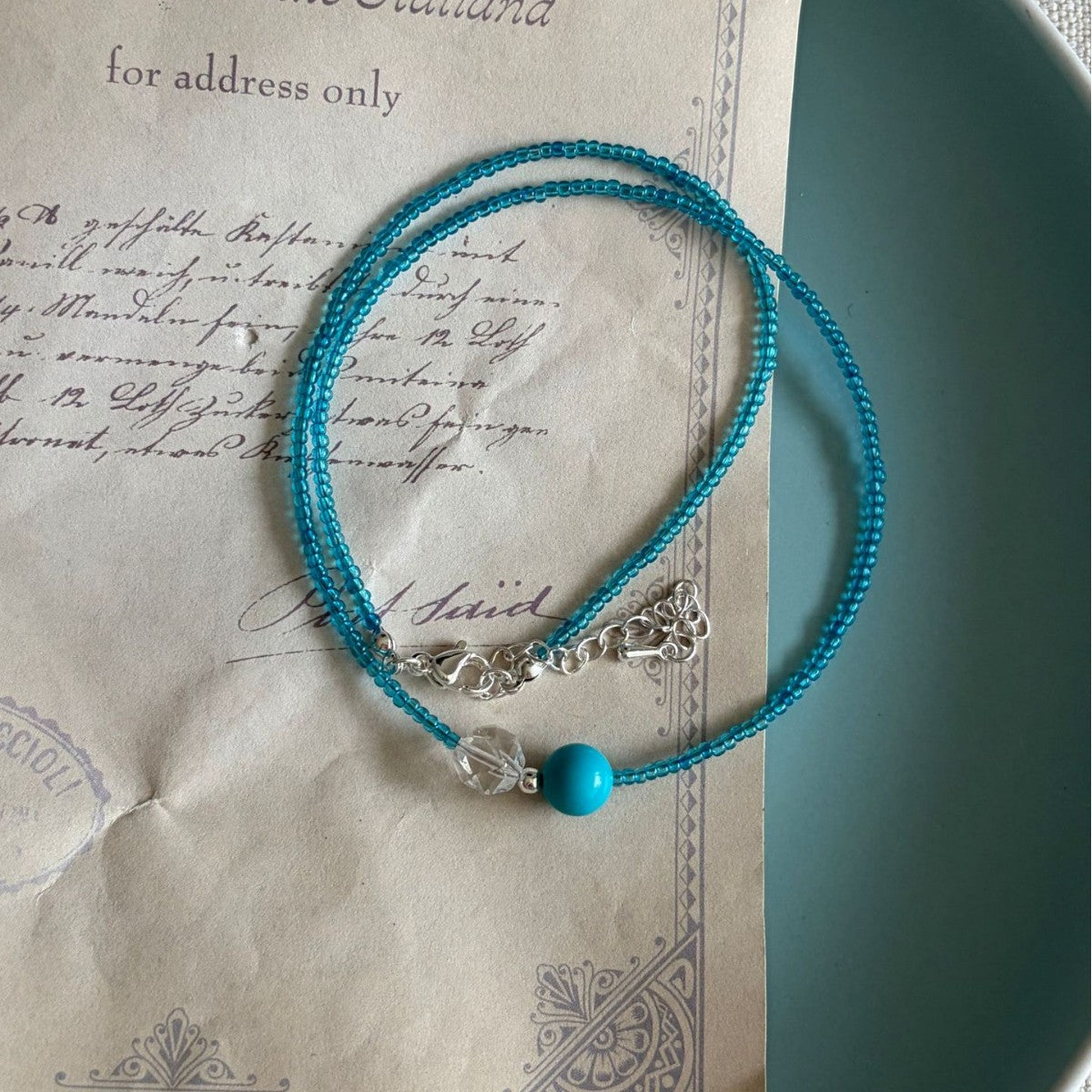 New Style Blue Seed Bead Choker Necklace For Women With Electroplated Beading Lines