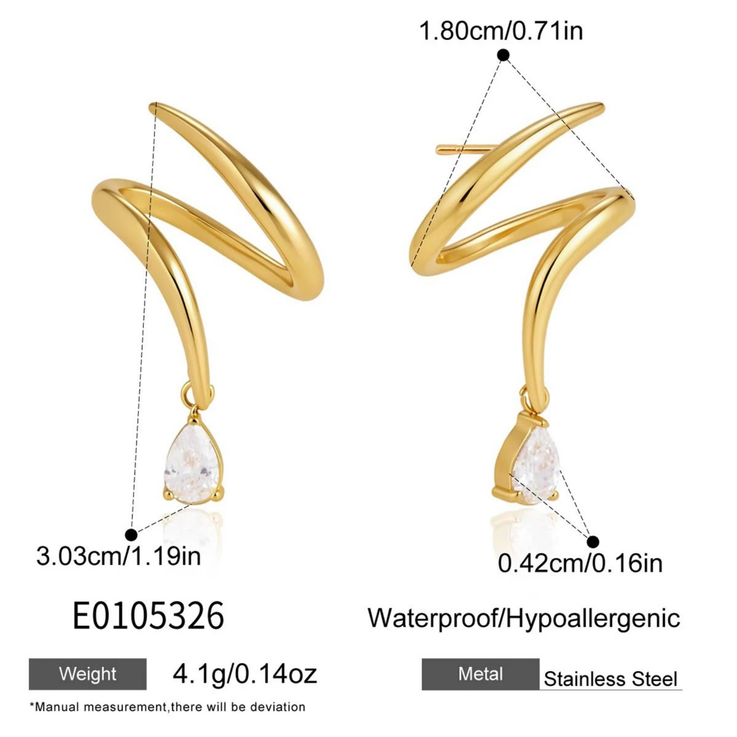 Geometric Hypoallergenic Stud Earrings For Women In 304 Stainless Steel With 18K Real Gold PVD Coating And Zircon Inlay
