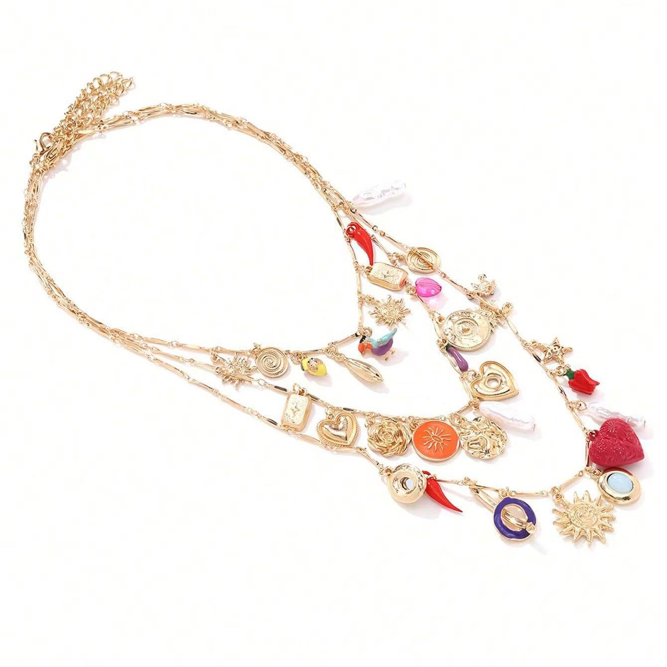 Bohemian Heart Shape Layered Necklace For Women In Electroplated Zinc Alloy With Alloy Pendant