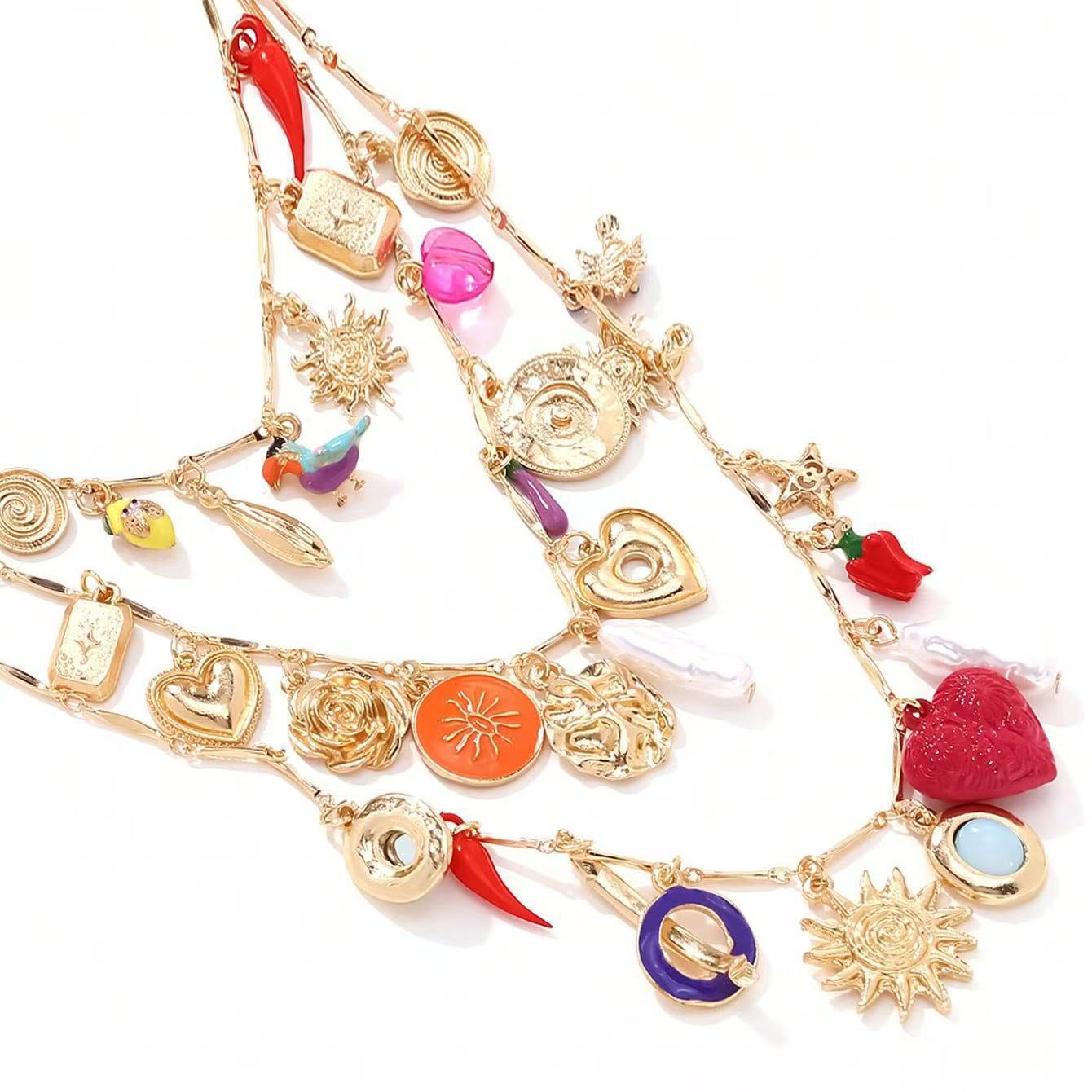 Bohemian Heart Shape Layered Necklace For Women In Electroplated Zinc Alloy With Alloy Pendant