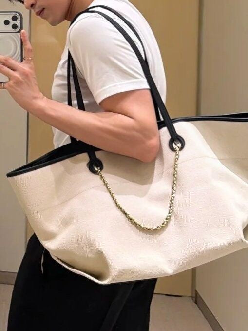Color Block Square Canvas Tote Bag For Women Featuring Chain Strap, Perfect For  Spring And Summer