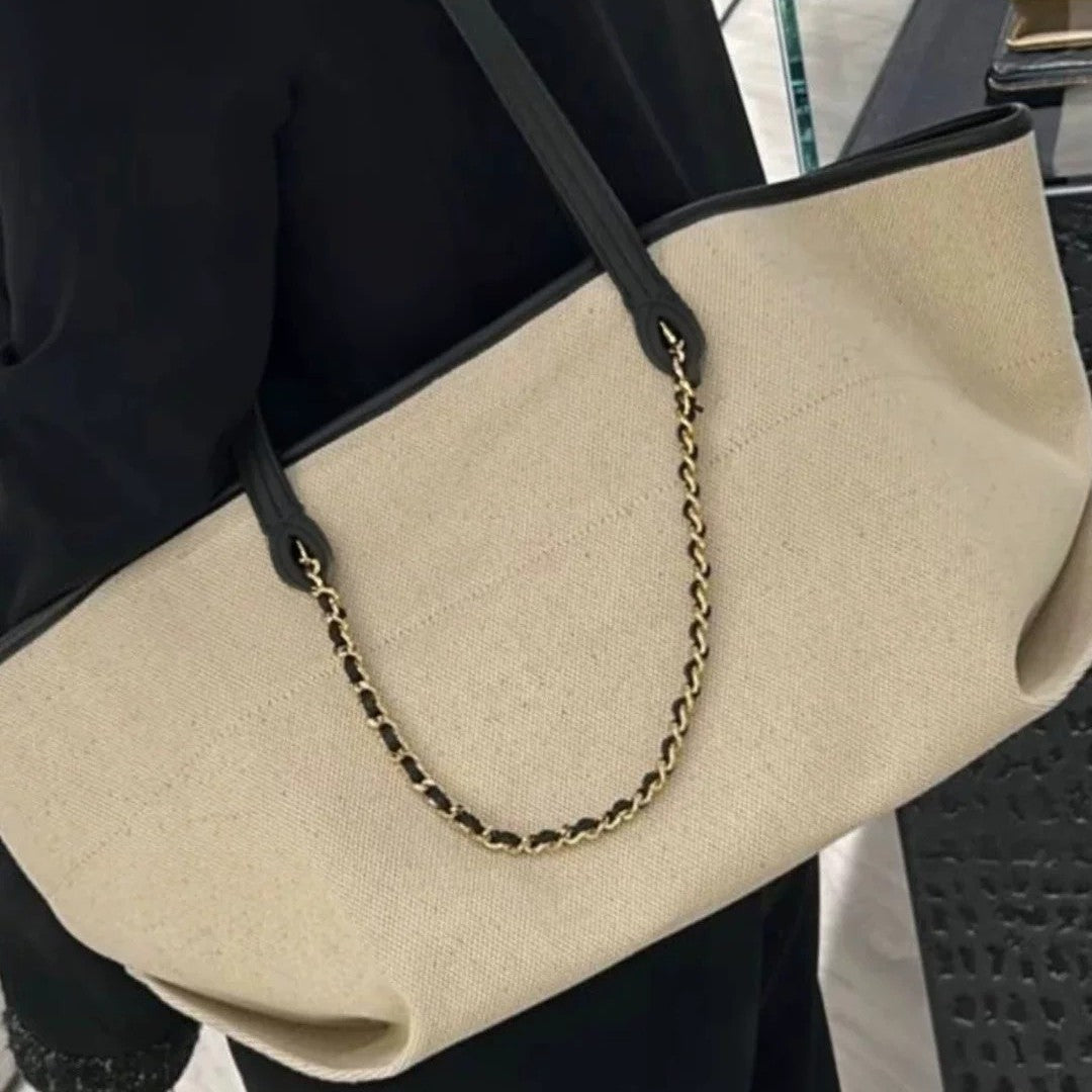 Color Block Square Canvas Tote Bag For Women Featuring Chain Strap, Perfect For  Spring And Summer