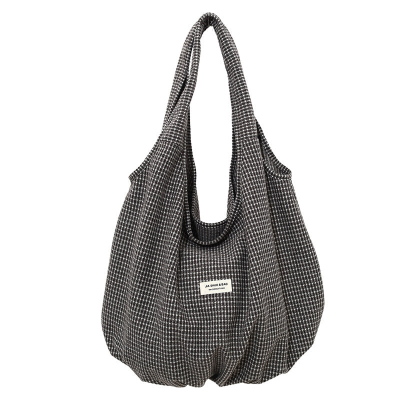 Canvas Crossbody Bag In Dumpling Shape With Lattice Pattern And Sewing Thread Detail, Featuring Sling Strap For  Autumn And Winter