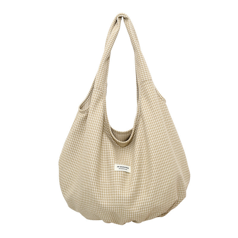 Canvas Crossbody Bag In Dumpling Shape With Lattice Pattern And Sewing Thread Detail, Featuring Sling Strap For  Autumn And Winter