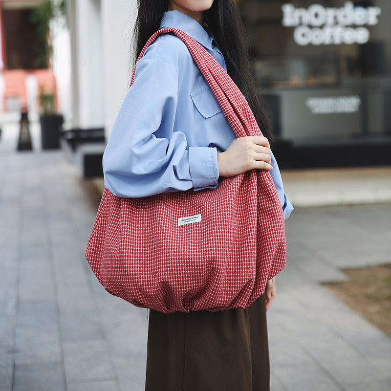 Canvas Crossbody Bag In Dumpling Shape With Lattice Pattern And Sewing Thread Detail, Featuring Sling Strap For  Autumn And Winter