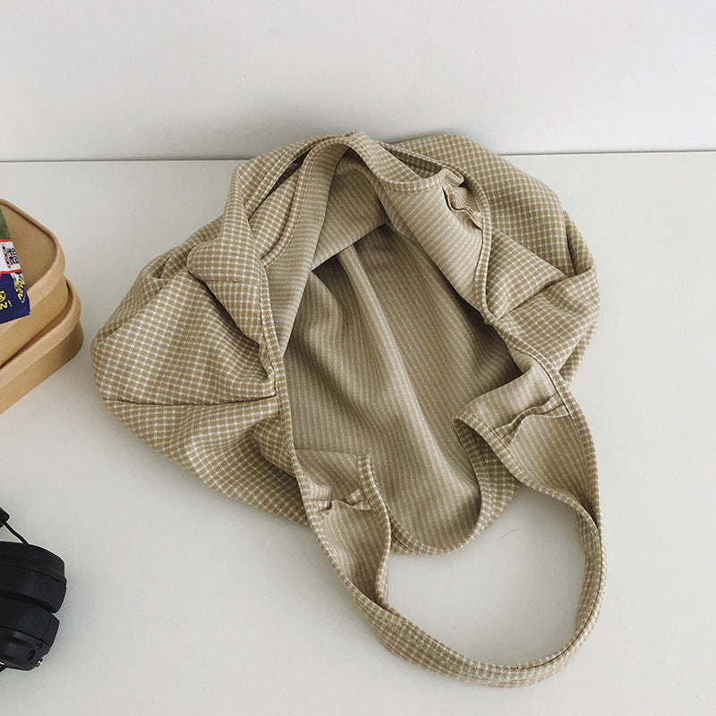 Canvas Crossbody Bag In Dumpling Shape With Lattice Pattern And Sewing Thread Detail, Featuring Sling Strap For  Autumn And Winter