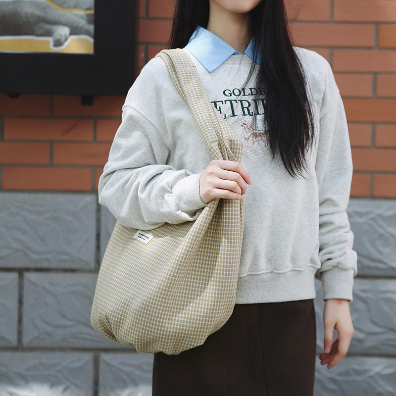 Canvas Crossbody Bag In Dumpling Shape With Lattice Pattern And Sewing Thread Detail, Featuring Sling Strap For  Autumn And Winter