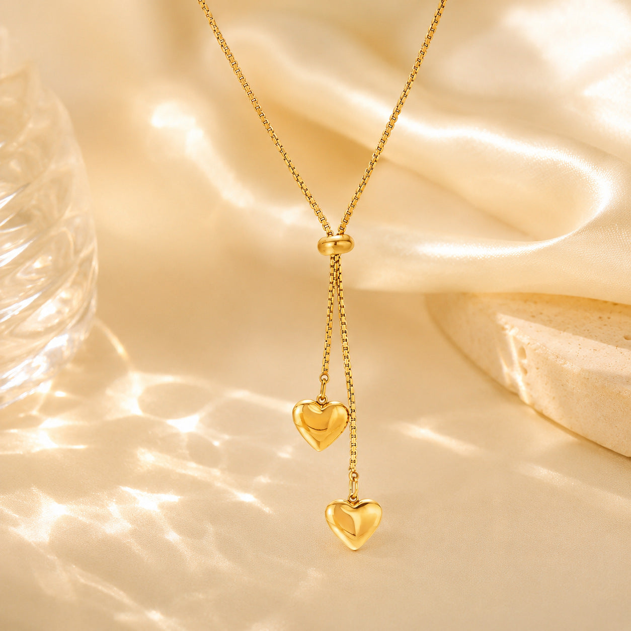 Heart Shape Necklace For Unisex, Waterproof Non Tarnish 18K Real Gold Plated Titanium Steel With Slider Chain