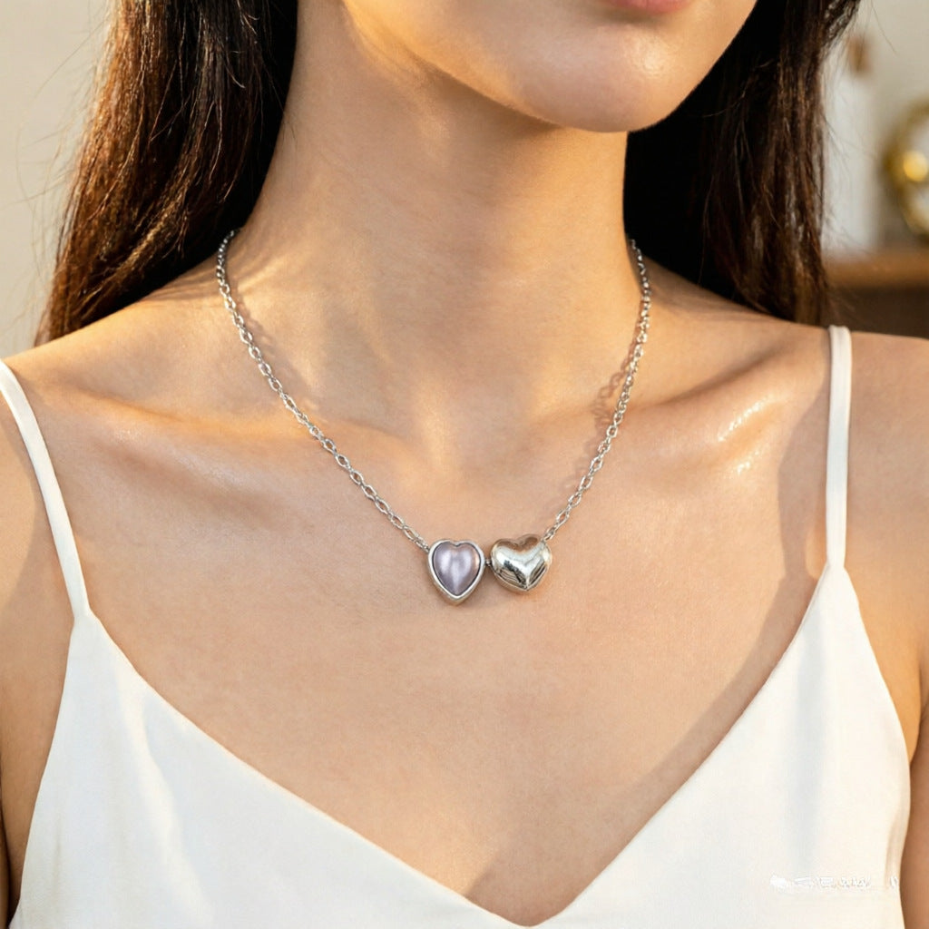 Double Heart Pendant Necklace For Women In 18K Real Gold Plated 304 Stainless Steel With Micro Super Whisper Thin Chain