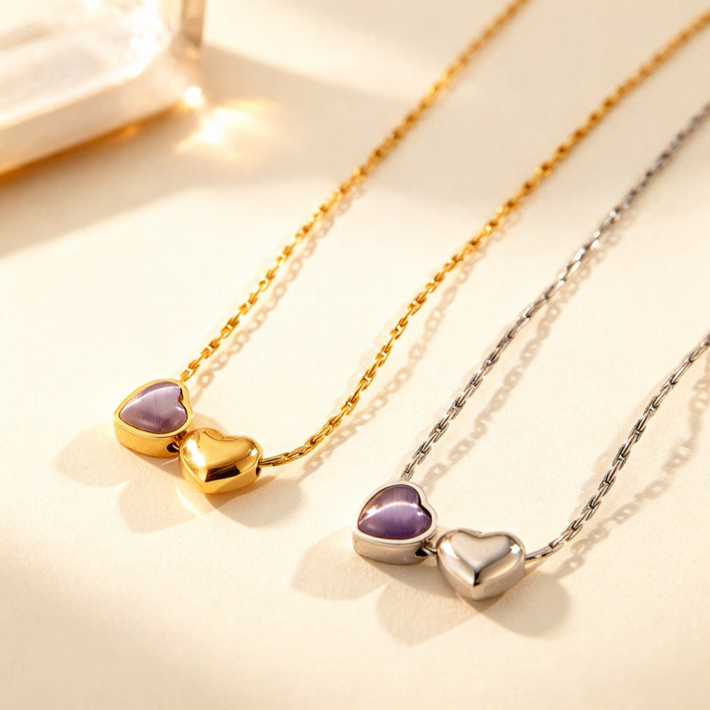 Double Heart Pendant Necklace For Women In 18K Real Gold Plated 304 Stainless Steel With Micro Super Whisper Thin Chain