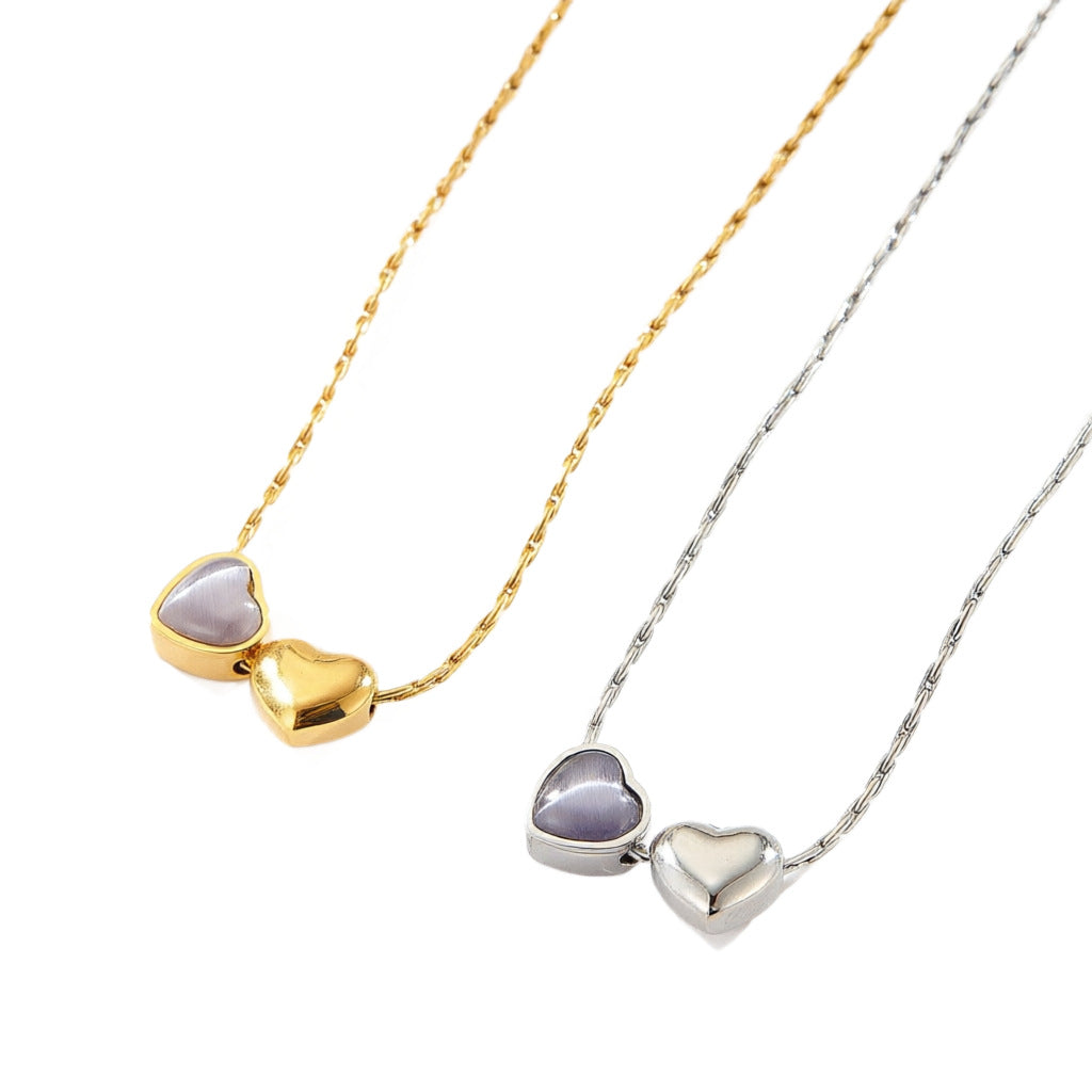 Double Heart Pendant Necklace For Women In 18K Real Gold Plated 304 Stainless Steel With Micro Super Whisper Thin Chain