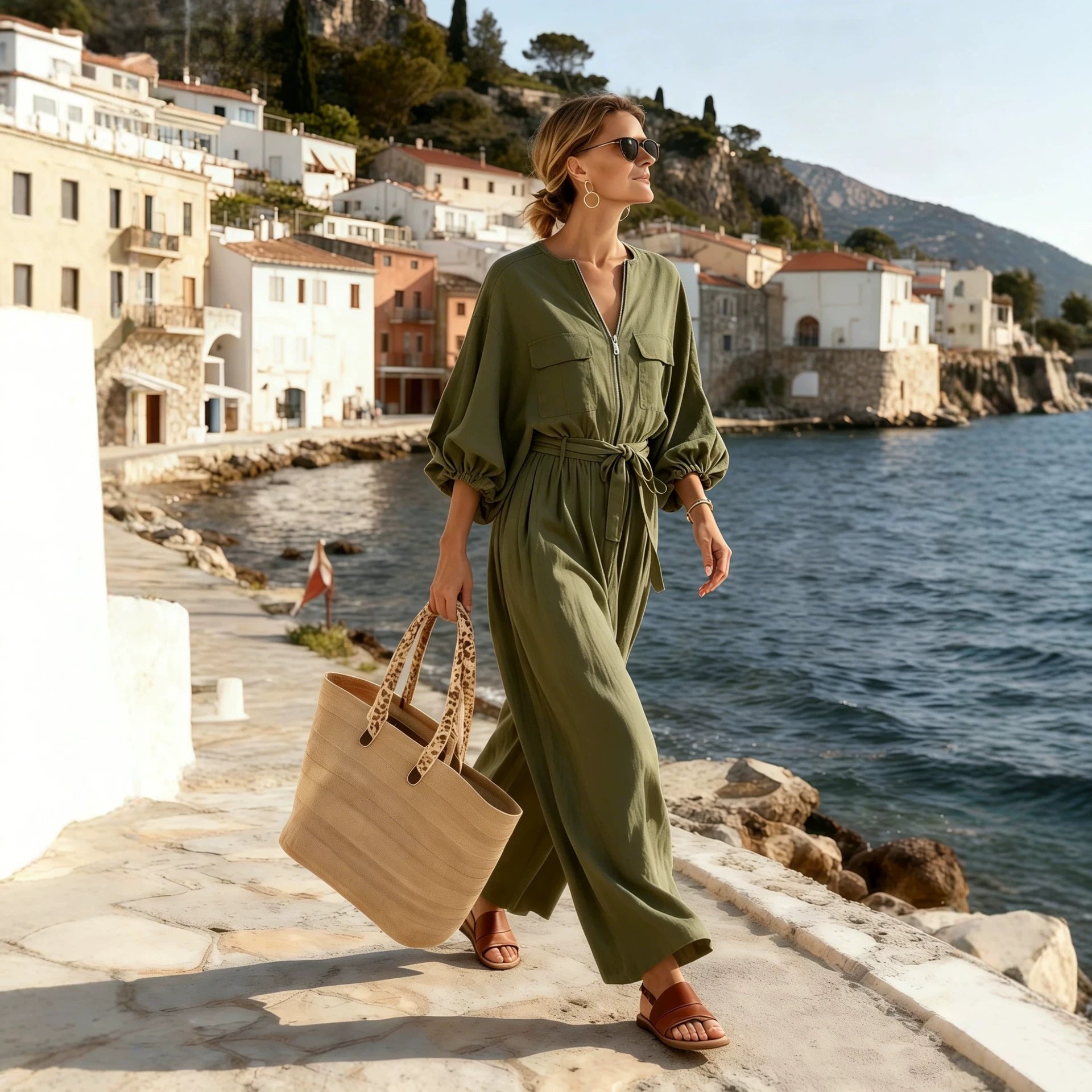 Casual Solid Color Ankle-Length Jumpsuit For Women In Cotton Blends With Puff Sleeve Design, Inelastic Fit