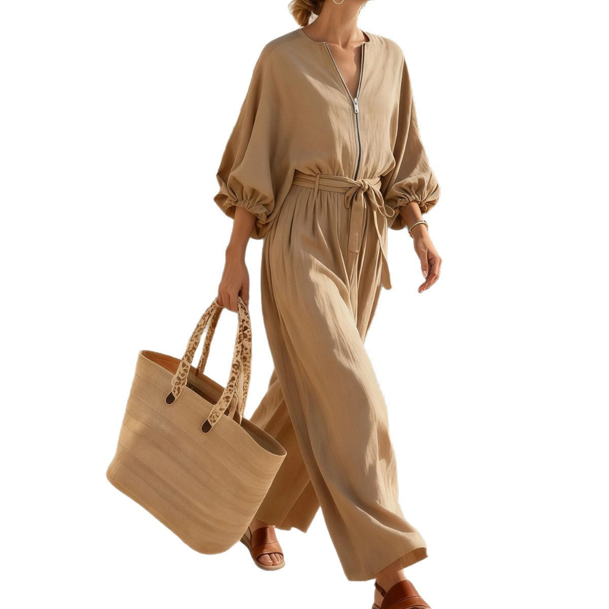 Casual Solid Color Ankle-Length Jumpsuit For Women In Cotton Blends With Puff Sleeve Design, Inelastic Fit