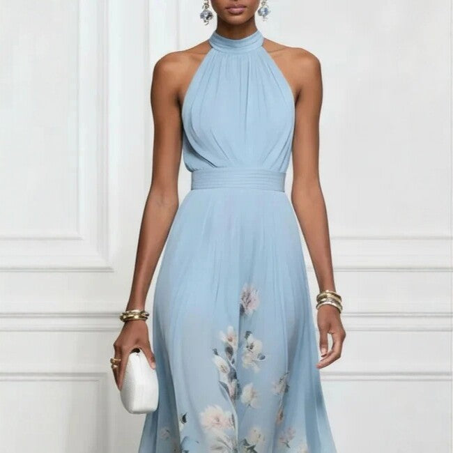 Elegant Sleeveless V Neck Swing Dress In Polyester Fabric For Casual Wear
