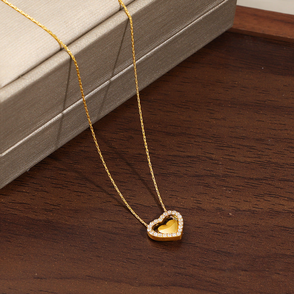 Heart Shape Necklace For Women In 18K Real Gold Plated Titanium Steel With Waterproof Non Tarnish Finish And Rhinestone Inlay