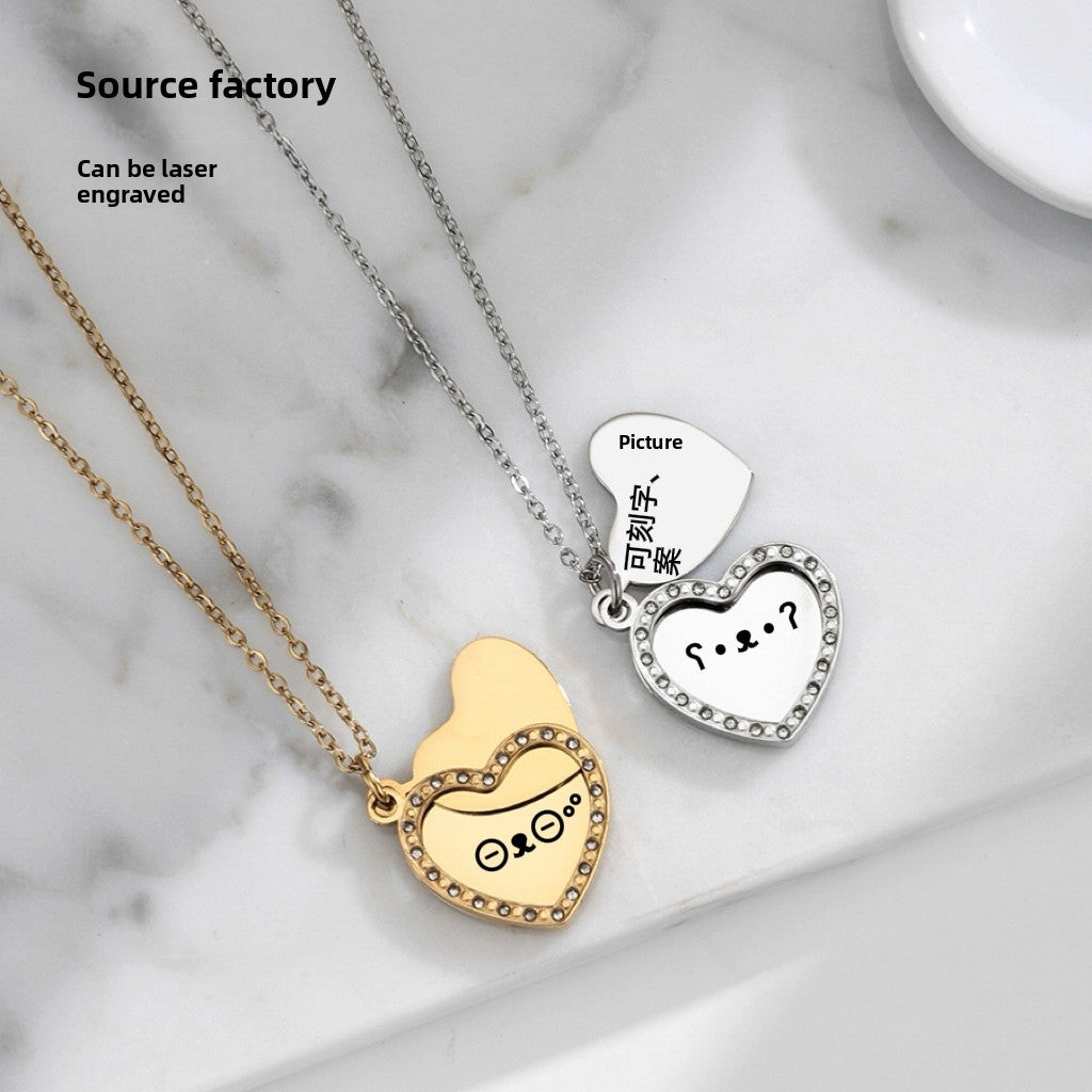 Heart Shape Waterproof Non Tarnish Necklace For Women In Steel Color 304 Stainless Steel With Rhinestones And Cable Chain
